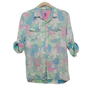 Ocean & Coast Pastel Tropical Linen Top Large Long Sleeve Roll Tab Travel 767